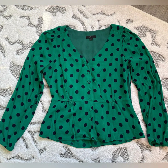 J Crew Long Sleeve Peplum Top in Crepe Polka Dot Sz 6 - Picture 2 of 4